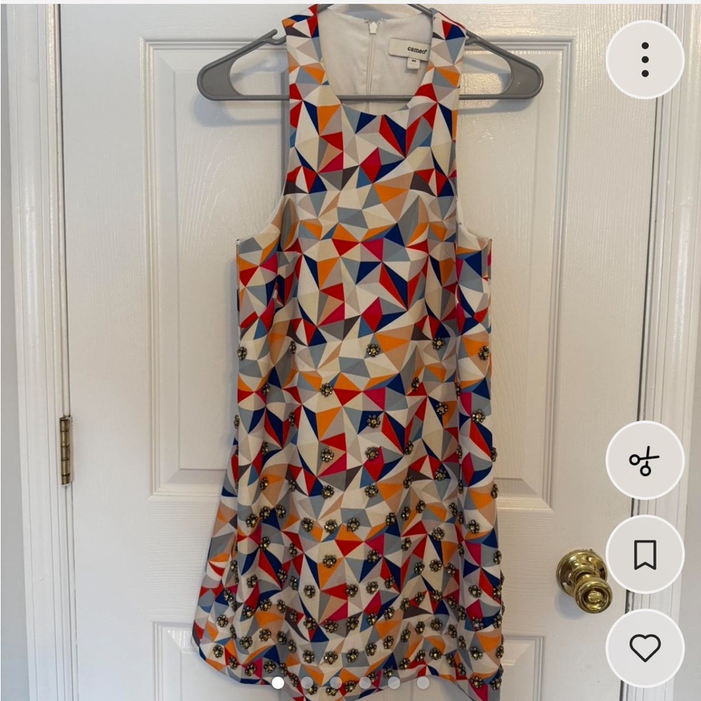 cameo Rose Multicolor Geometric Mini Dress in Red, Blue, Orange & Cream